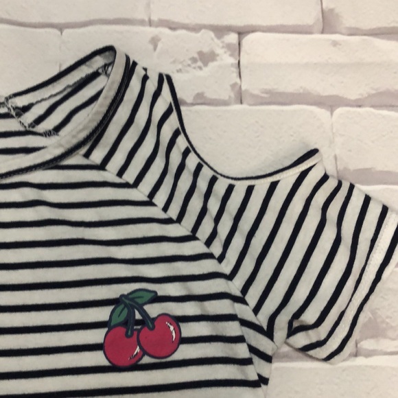 White and Navy blue Striped Off-the-Shoulder T-Shirt - Picture 4 of 5